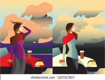 Creative conceptual vector set. Woman standing near the car with a take away coffee.