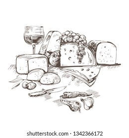 Creative conceptual vector. Sketch hand drawn cheese illustration, engraving, ink, line art, vector.