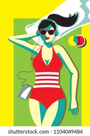 Creative conceptual vector. Woman lying in the sunlight.