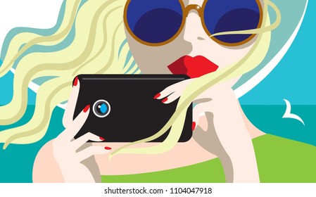Creative conceptual vector. Womans face with a camera.