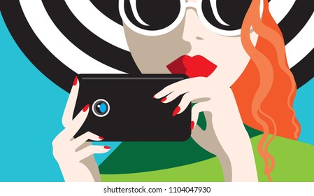 Creative conceptual vector. Womans face with a camera.