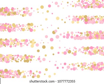Creative confetti circle decoration for card background, holiday vector illustration. Childish color round confetti dots, circles chaotic scatter, trendy rich bokeh background.