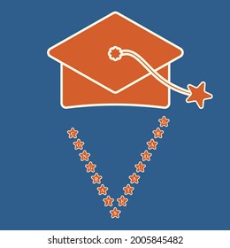 Creative congratulations on graduation banner. Big graduation cap, congrats graduates text in star form as v-shape, v mean victory, concept. Monochromatic color on contrast background, minimal design.