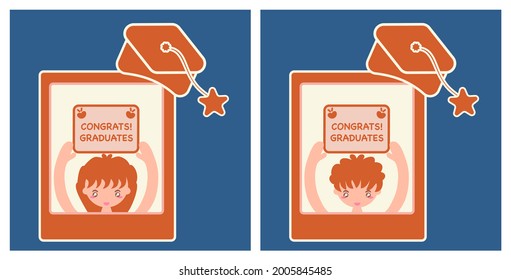 Creative congratulations on graduation banner.  Picture integrate with graduation cap, happy kid, concept. Monochromatic color on contrast background, flat vector illustration, minimal graphic design.
