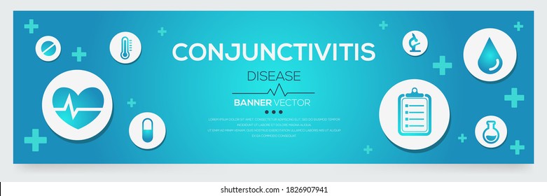 Enfermedad creativa (Conjuntivitis) Banner Word con Iconos ,Ilustración vectorial.	