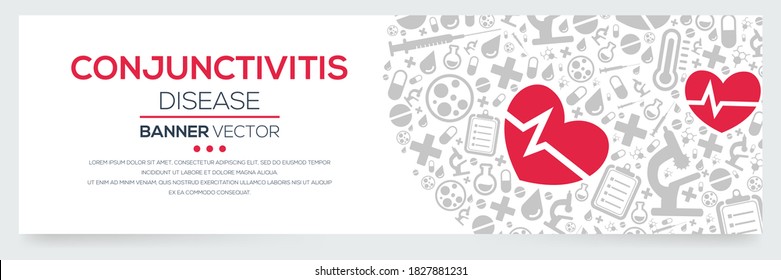 Enfermedad creativa (Conjuntivitis) Banner Word con Iconos ,Ilustración vectorial.	