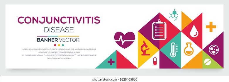 Enfermedad creativa (Conjuntivitis) Banner Word con Iconos ,Ilustración vectorial.	