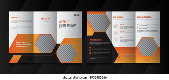 Creative Construction Business Tri Fold brochure design. Construction, Real Estate, Builders Company Tri Fold Brochure, Leaflet, Poster.