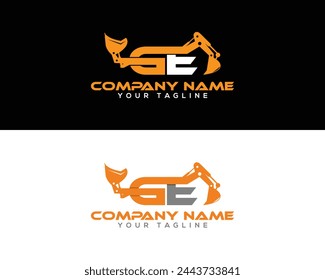 Creative construction company logo design backhoe excavator with GE letter.