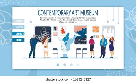 Creative Contemporary Art Museum Responsive Landing Page Layout. Booking Tickets and Cultural Tour to Gallery. Blog and Studio Departments Description for Potential Visitors. Vector Illustration