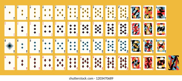 Creative Contemporary Artistic Design Of Classic French Deck Of Playing Cards With Traditional Suits For Casino Game. Front And Back Sides. Bright Colored Vector Illustration In Modern Flat Style.