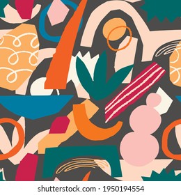 Creative contemporary collage. Modern abstract  paper cut pieces seamless pattern. Different shapes and hand drawn textures in vector. 