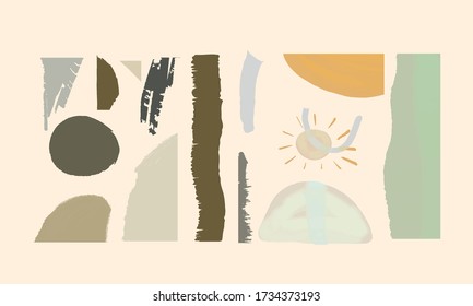 Creative contemporary collage with shapes. Torn wrapping paper. Set of trendy elements for different design. 