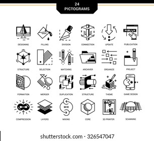 Creative contemporary icon set in a linear style. 3D design, working with objects, tools for 3D modeling, scanning and recognition of shapes, 3D printing, game design,  polygonal modeling, rendering.