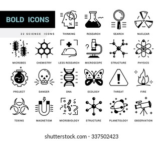 Creative contemporary icon set in a linear style. Scientific experiments, physics and chemistry, biology, microbiology, nuclear, biological weapons of mass destruction, medical testing on animals.