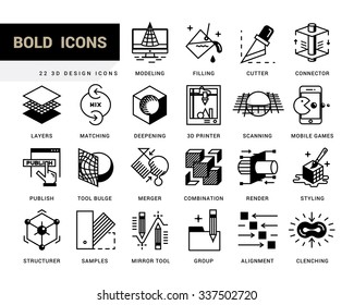 Creative contemporary icon set in a linear style. 3D design, working with objects, tools for 3D modeling, scanning and recognition of shapes, 3D printing, game design, polygonal modeling, rendering.