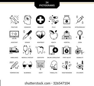 Creative Contemporary Icons In A Linear Style. Medical Assistance Online, Hospitalized Patients, First Aid Kit, Vision Loss, Emergency Medical Care, Dental Care, Vegetarianism And Healthy Lifestyle