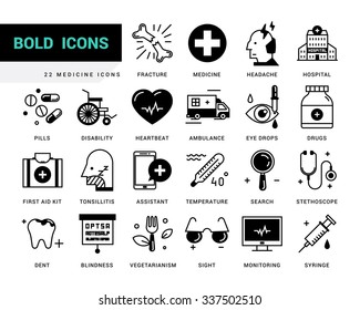 Creative Contemporary Icons In A Linear Style. Medical Assistance Online, Hospitalized Patients, First Aid Kit, Vision Loss, Emergency Medical Care, Dental Care, Vegetarianism And Healthy Lifestyle