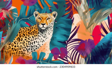 Creative contemporary petern with leopard and tropical plants. Fashionable template for design: wektor stockowy