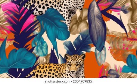 Creative contemporary petern with leopard and tropical plants. Fashionable template for design Vektor Stok