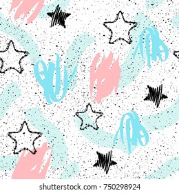 Creative Contemporary Seamless Pattern with Stars and Brush Strokes Background 