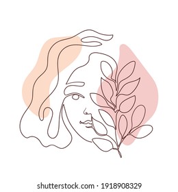 Cara de mujer contemporánea creativa y elementos florales en un dibujo continuo de línea. Resumen de retrato femenino moderno pintado en estilo minimalista. Ilustración del vector