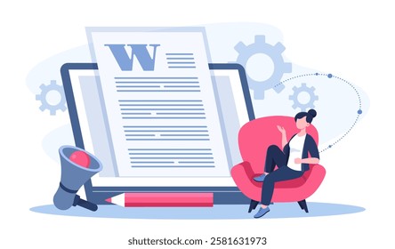 Creative content copywriting. Woman near loudspeaker and tablet with article. SMM specialist filling website with content. Author and content creator. Flat vector illustration