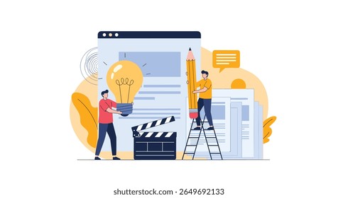 Creative content creation and development process illustration with people idea generation and storytelling elements for visual communication projects