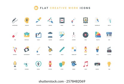 Creative content creation, graphic design and poetry, photography and music color icon set. Ideas, tools of author and artist, modern art portfolio, mobile app flat elements vector illustration