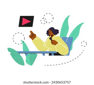 Creative content creation vector illustration. A figure holding a microphone and gesturing towards a play button, symbolizing video production