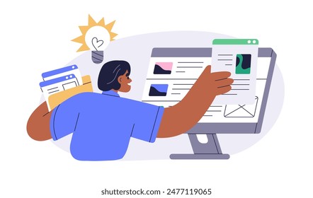 Creative content manager editing web-site, publishing articles, blogs. Online editor creating, placing information, news at computer. CMS concept. Flat vector illustration isolated on white background