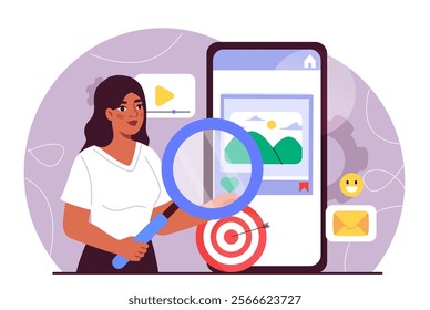 Creative content manager. Woman with magnifying glass near smartphone. Marketer and SMM specialist promotes content on social networks. Advertising and marketing. Flat vector illustration