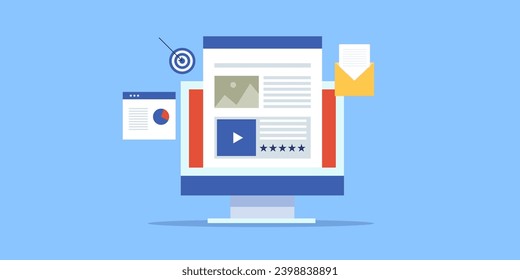 Creative content marketing concept, Sharing content on social media, Sending email, Content SEO optimization - vector illustration banner with icons