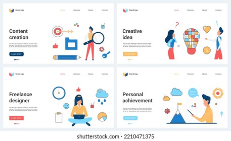 Creative content, marketing innovation and consulting set vector illustration. Cartoon people work and search ideas, project launch, light bulb concept for banner, website design or landing web page