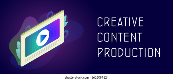 Creative Content Production concept. Vlog media development, promotion and online entertainment. Window with video and play button. Header and footer banner template with text.