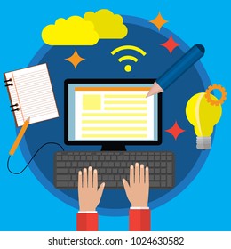 Creative Content  Writing, Blogging Post, Digital Media Flat Vector Illustration
