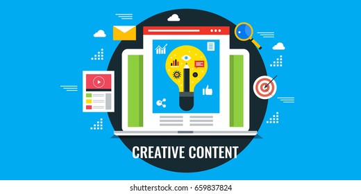 Creative Content Writing, Content Idea, Digital Media Flat Vector Banner With Icons