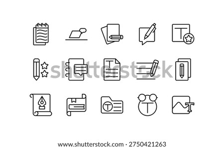 Creative Content Writing line con set. Blog post, articles, story, creativity, pens, laptops, vibrant, innovative, notebook, editing vector icons. Editable stroke