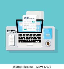 creative content writing services illustration. Content writer. Blog articles writing. creating online notes on pc or writing electronic document text grammar.