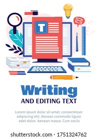 Creative content writing and text editing poster template. Computer screen with online blog article website service and writer equipment, vector illustration.