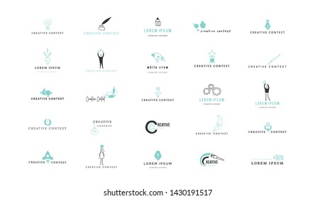 Creative Contest. Vector colored set of hand drawn icons. Premade logo templates. For business identity and branding, for blogs and websites, for writers, designers and artists.