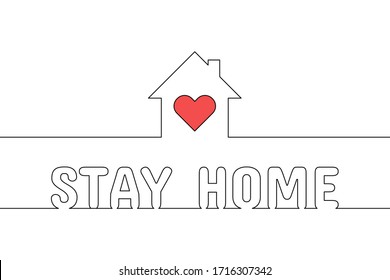 Línea continua creativa en negro con la palabra "quédese en casa y corazón rojo con fondo blanco. Ilustración vectorial, pasos 10.