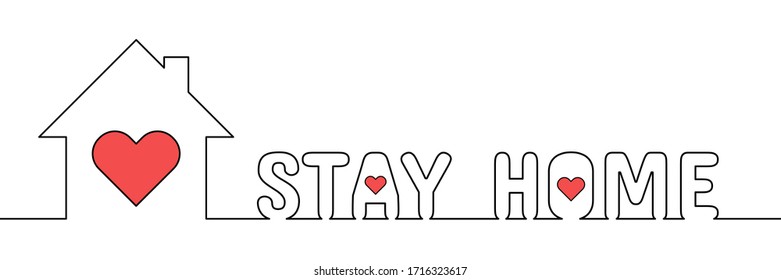 Creative continuous black line with word Stay home and red heart on white background. Vector illustration eps 10.
