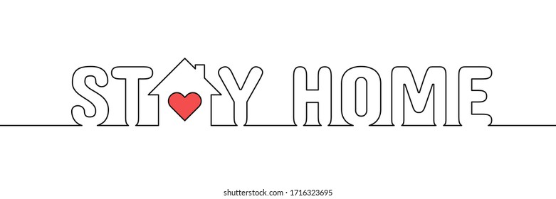 Creative continuous black line with word Stay home and red heart on white background. Vector illustration eps 10.