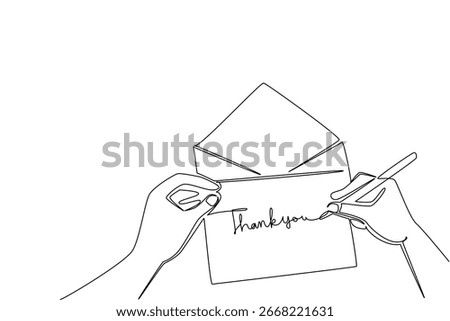 A creative continuous line drawing of hands writing a thank you card in an envelope, representing personal gratitude and thoughtful gestures as part of a touching business concept for Thank You Day.