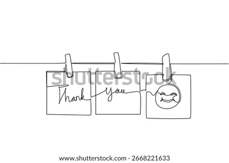 Creative continuous line drawing of thank you notes paper and emoji face clipped on a string, symbolizing positivity, gratitude, and social connection in a business concept for Thank You Day event.