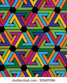 Creative continuous multicolored pattern, rich motif abstract background with triangles and hexagons. Saturated geometric creative backdrop, can be used for design and textile.