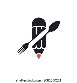 Creative Cooking Art Logo. Combination Fork Spoon and Pencil for Food Writer Blog Restaurant Recipes Logo Design Inspiration