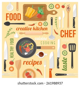 Creative cooking background with kitchen tools, food ingredients and words on a yellow background in a square frame