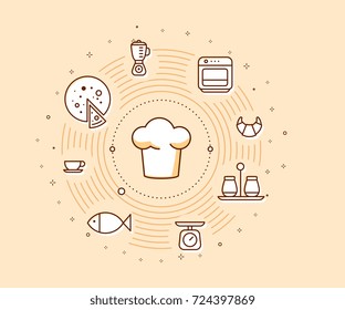 Creative cooking concept on light background. Vector illustration of a chef hat with food icons. Thin line art design with a cook hat for web, site, banner, menu, poster